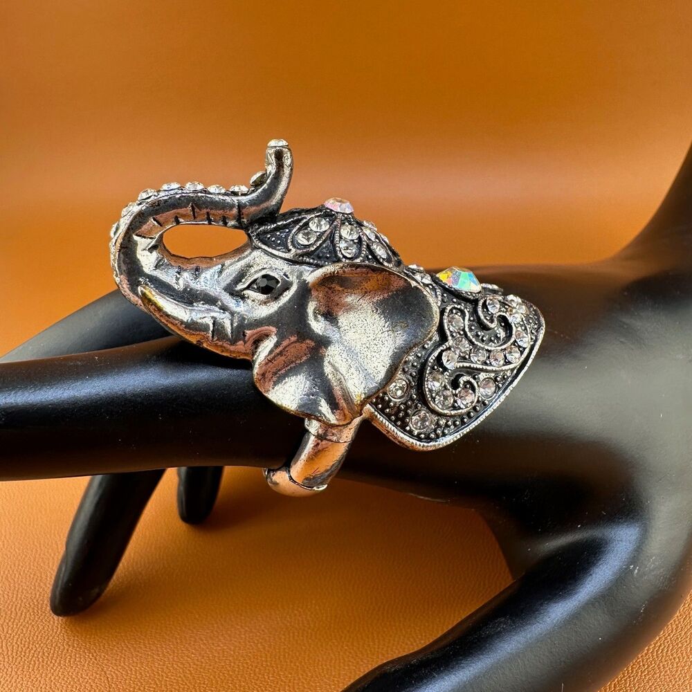 Vintage Elephant Ring LG Statement Rhinestone Trunk Up Silver Tone Stretch Band